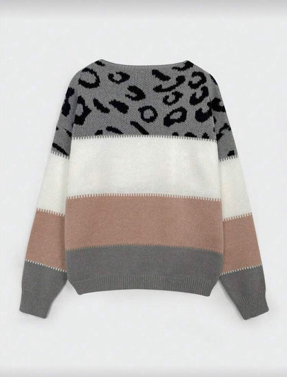 Gray Leopard Color Block Sweater – Women’s Soft Knit Casual Long Sleeve Pullover