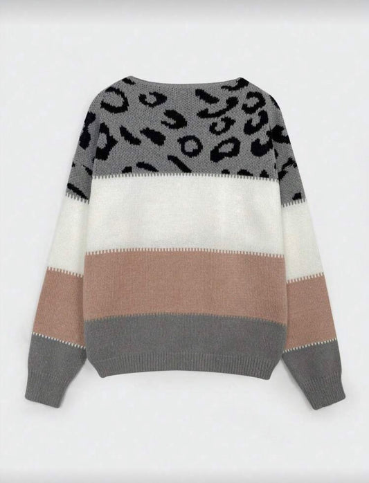 Gray Leopard Color Block Sweater – Women’s Soft Knit Casual Long Sleeve Pullover