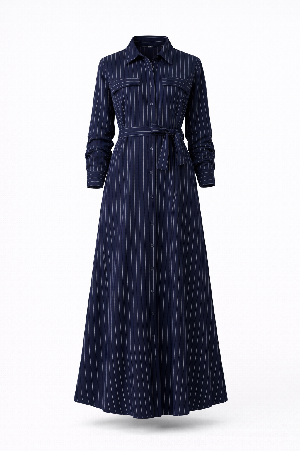 Navy Blue Striped Belted Shirt Maxi Dress – Long Sleeve Button Front Casual Elegant Dress for Women