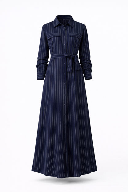 Navy Blue Striped Belted Shirt Maxi Dress – Long Sleeve Button Front Casual Elegant Dress for Women
