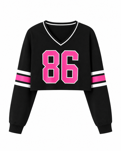 Women’s Black Cropped Varsity Sweatshirt, Pink 86 Long Sleeve Pullover