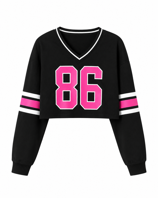 Women’s Black Cropped Varsity Sweatshirt, Pink 86 Long Sleeve Pullover