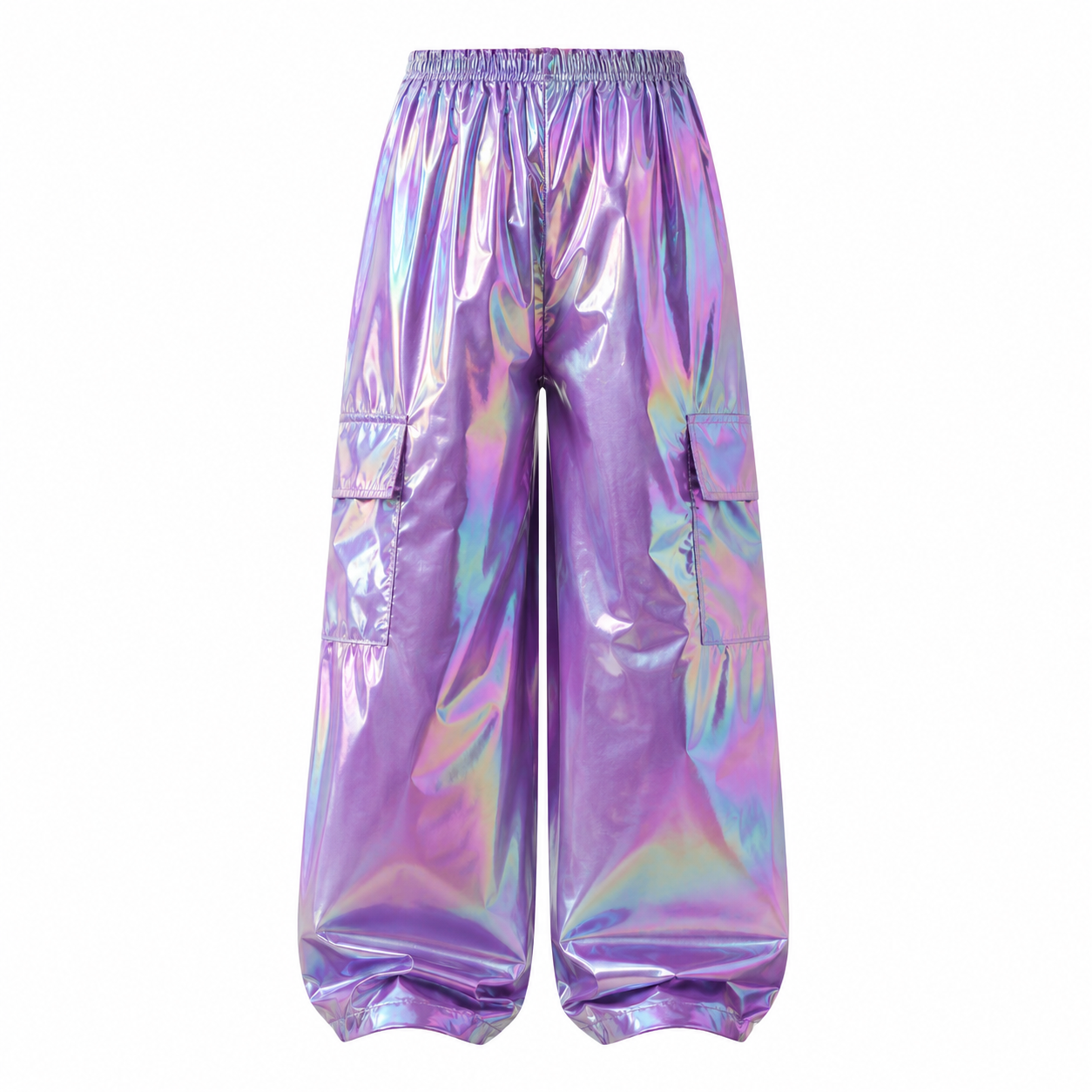 Girls Purple Holographic Wide Leg Cargo Pants – Shiny Elastic Waist Pants