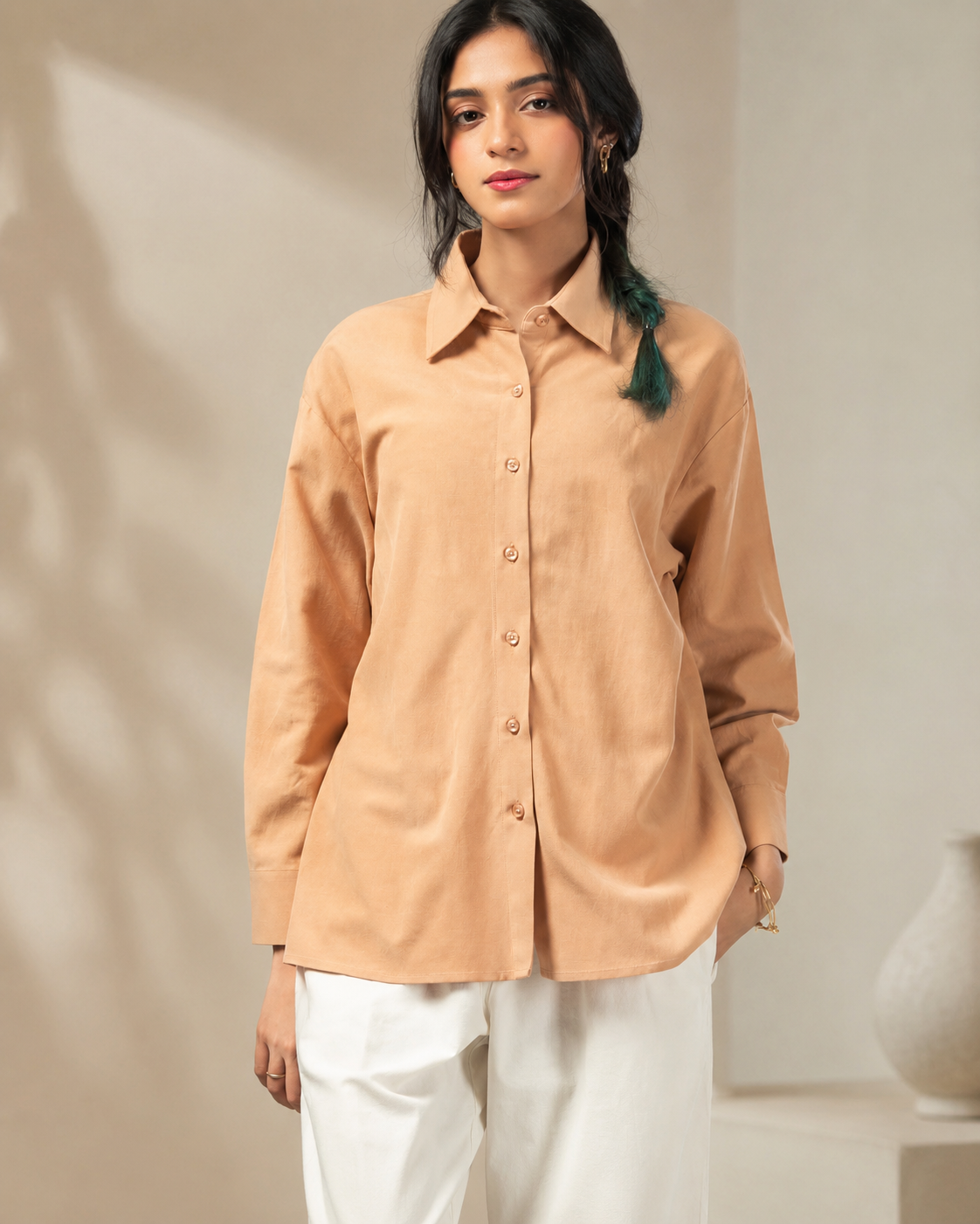 SHEIN Women’s Peach Oversized Button-Up Shirt – Long Sleeve Casual Blouse, SHEIN Fast Delivery in 5 Days