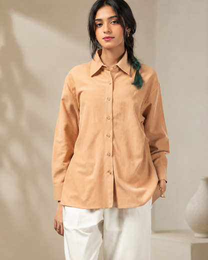 SHEIN Women’s Peach Oversized Button-Up Shirt – Long Sleeve Casual Blouse, SHEIN Fast Delivery in 5 Days