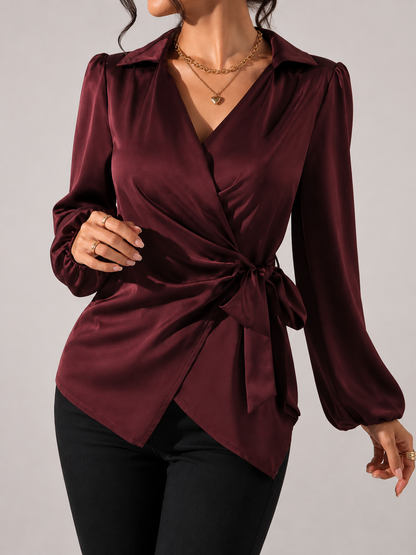 Burgundy Satin Wrap Tie Blouse – SHEIN Fast Delivery in 5 Days