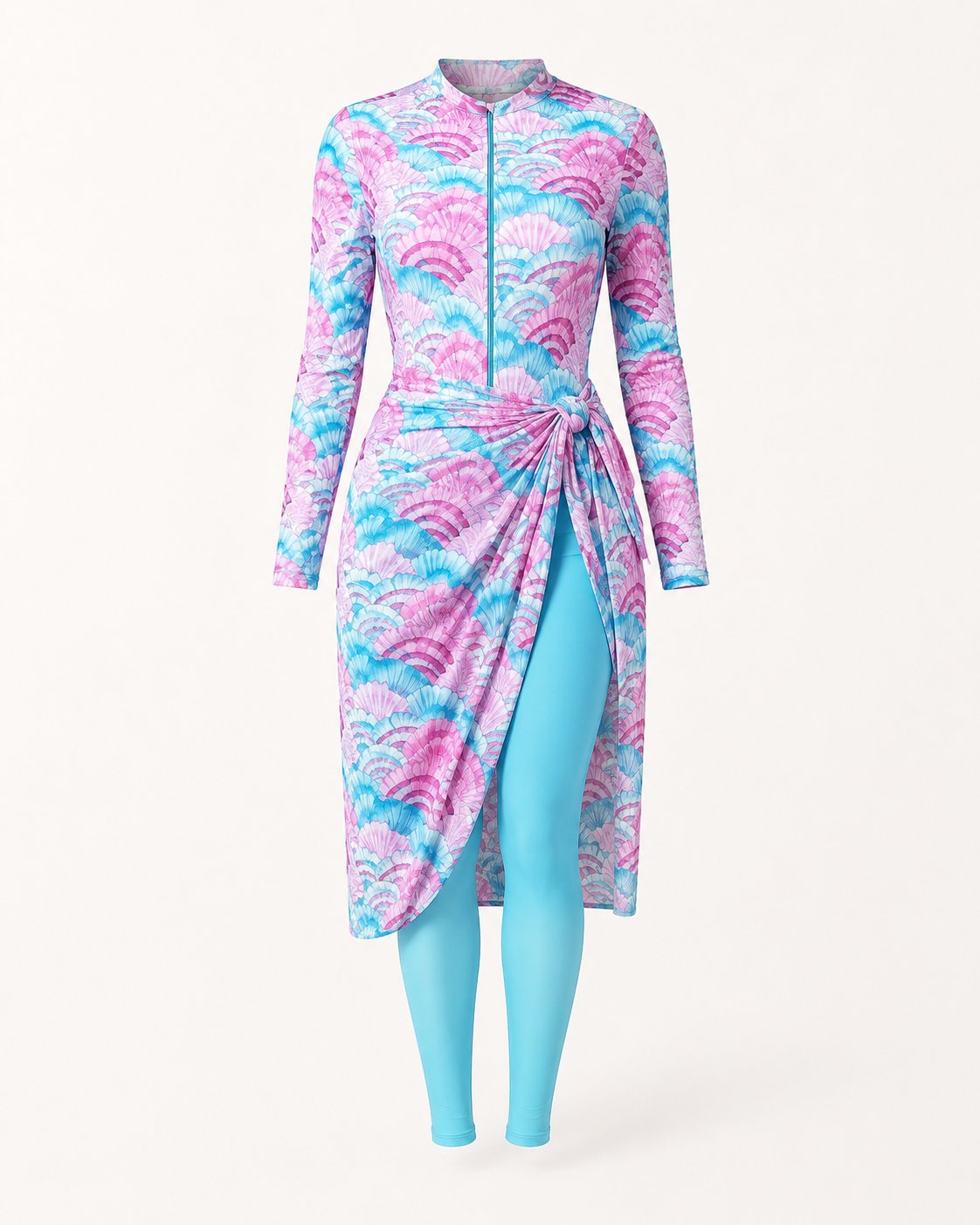 Women’s Modest Pink and Blue Printed Burkini Swimsuit Set with Wrap Skirt and Leggings