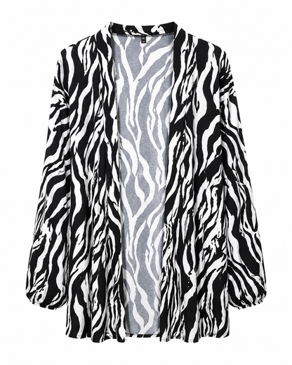 Women’s Black White Zebra Print Open Kimono, Lightweight Beach Cover-Up