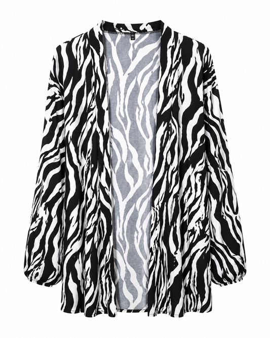 Women’s Black White Zebra Print Open Kimono, Lightweight Beach Cover-Up