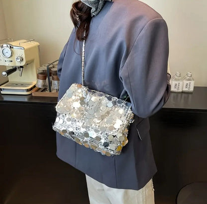 Silver Sequin Shoulder Bag, Sparkle Evening Handbag with Chain Strap