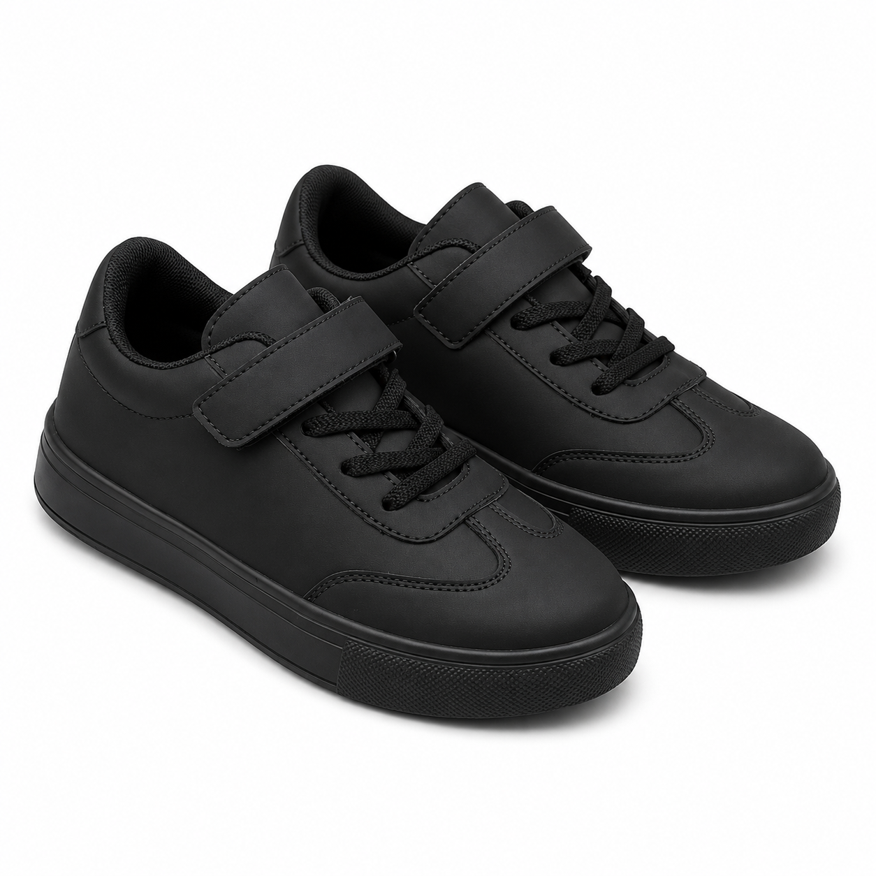 Kids Black Casual Sneakers with Hook and Loop Strap, Comfortable Everyday Shoes