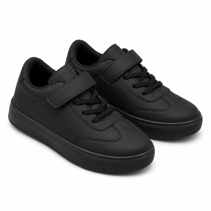 Kids Black Casual Sneakers with Hook and Loop Strap, Comfortable Everyday Shoes