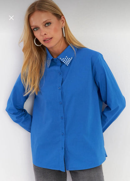 Women’s Blue Embellished Collar Shirt – Trendyol Long Sleeve Button Up Blouse