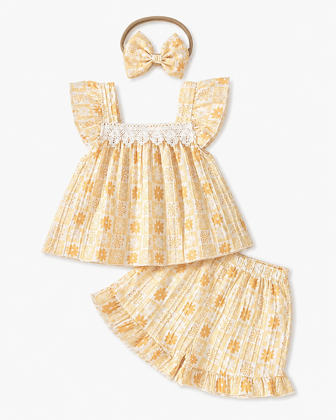 Baby Girls’ Yellow Floral Summer Outfit Set – Sleeveless Top, Shorts, and Matching Headband