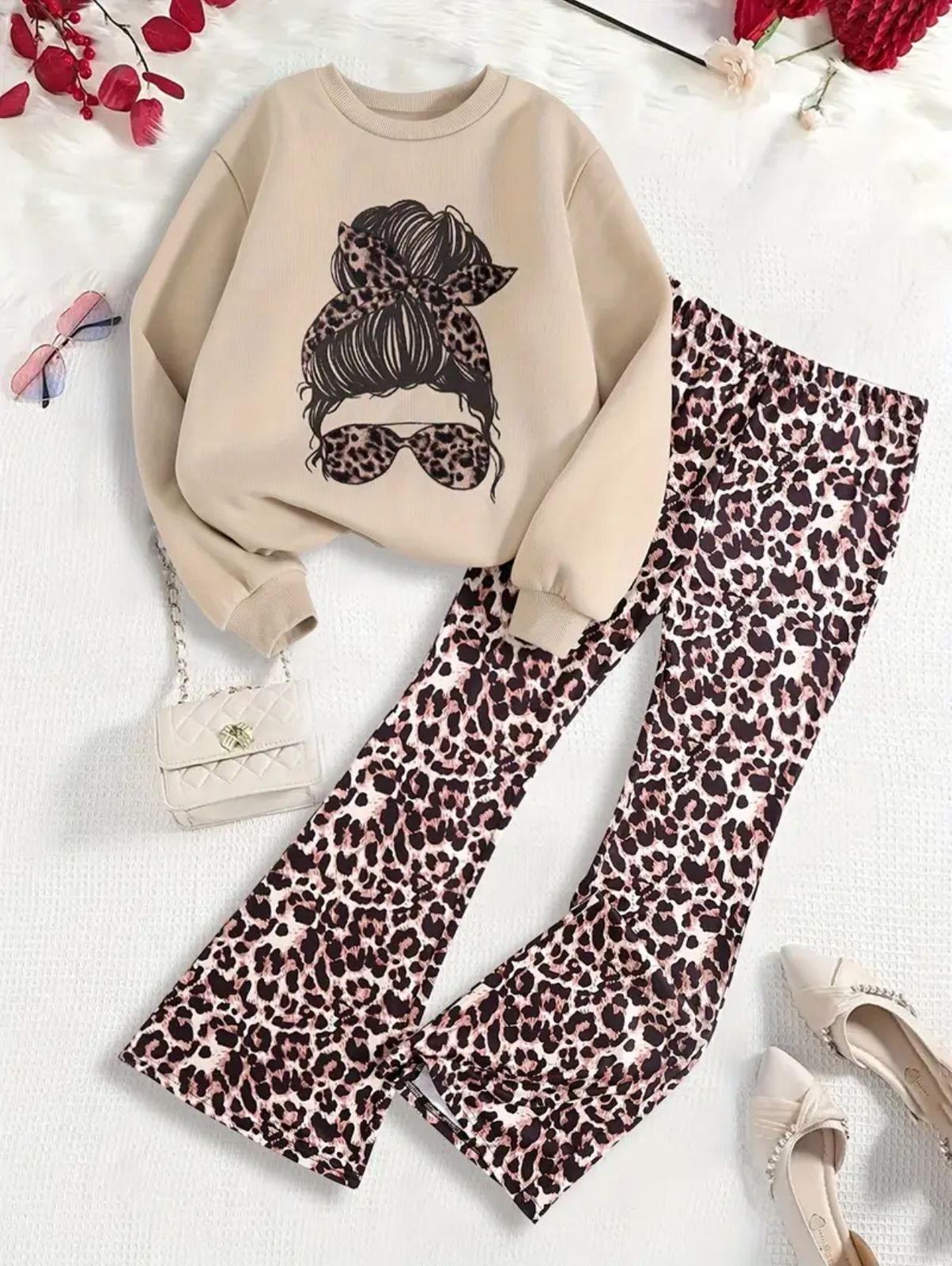 Girls Beige Leopard Print 2 Piece Set – Graphic Sweatshirt and Flared Pants Outfit