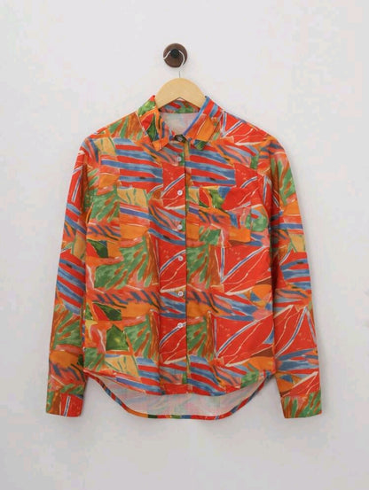 Colorful Tropical Print Button-Up Shirt for Women