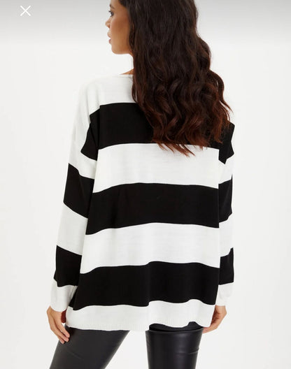Black & White Oversized Striped Sweater for Women – Off Shoulder Loose Knit Pullover