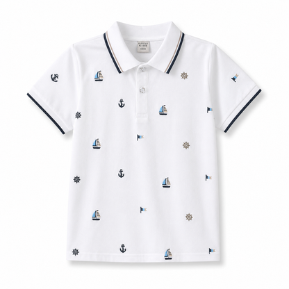 Boys White Polo Shirt – Nautical Print