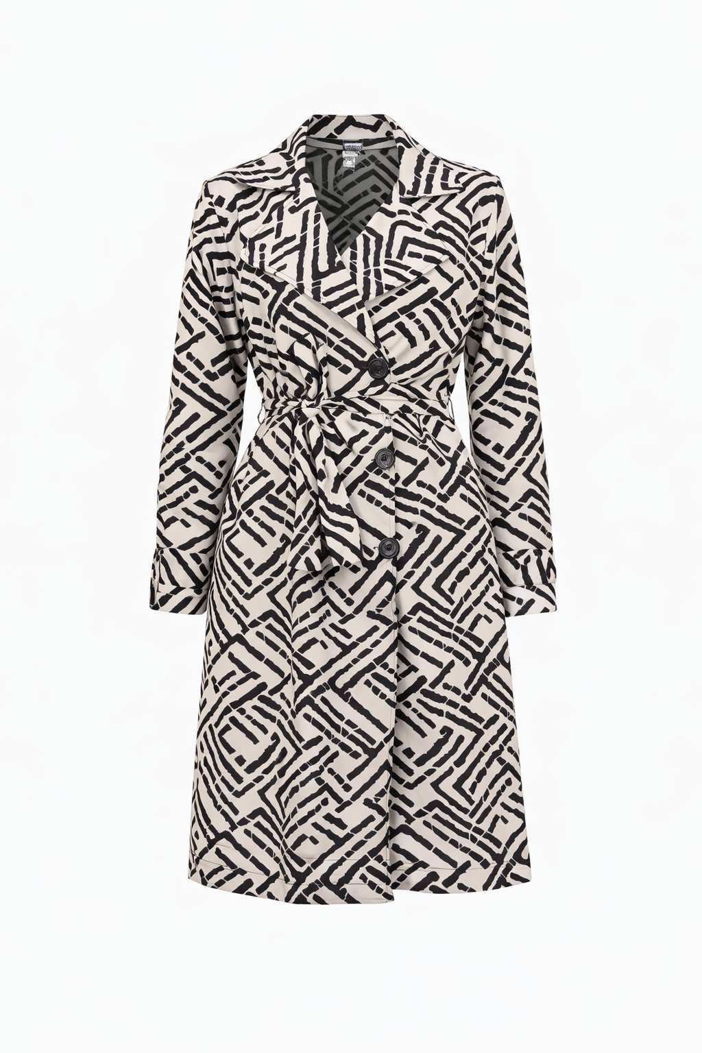 Black & beige Geometric Print Double Breasted Trench Coat – Women’s Belted Statement Long Coat