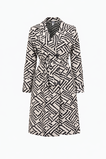 Black & beige Geometric Print Double Breasted Trench Coat – Women’s Belted Statement Long Coat