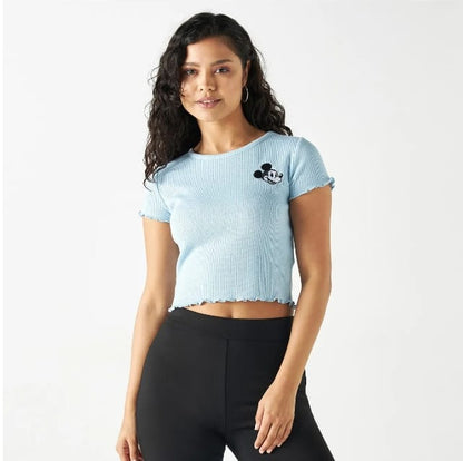 Women’s Splash Mickey Embroidered Crop T-Shirt – Light Blue Cotton Short Sleeve Top