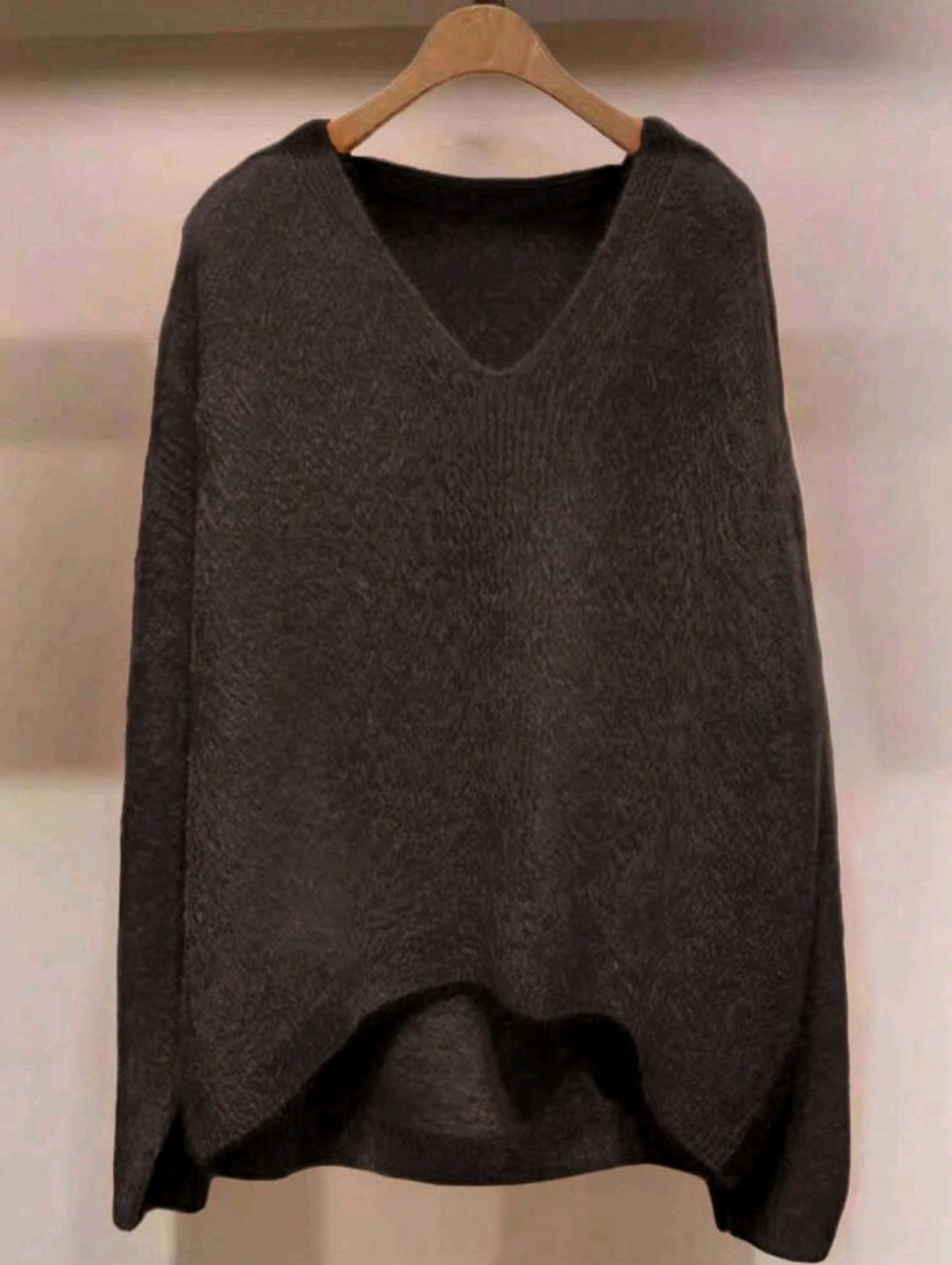 Dark Brown V-Neck Knit Sweater – Loose Fit Long Sleeve High-Low Hem Women Casual Pullover