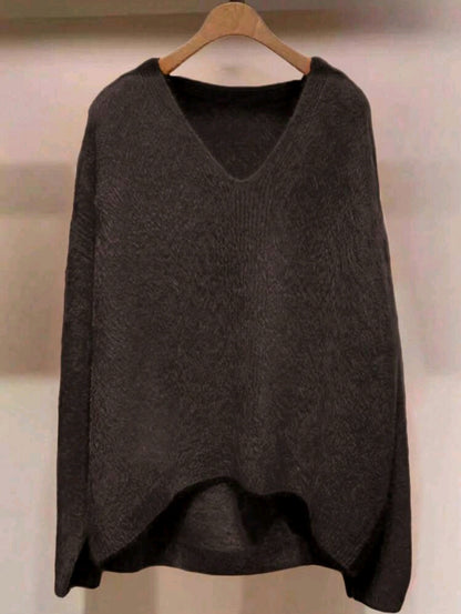 Dark Brown V-Neck Knit Sweater – Loose Fit Long Sleeve High-Low Hem Women Casual Pullover
