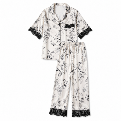 SHEIN Women’s Satin Floral Pajama Set – Short Sleeve Top & Long Pants Sleepwear, SHEIN Fast Delivery in 5 Days