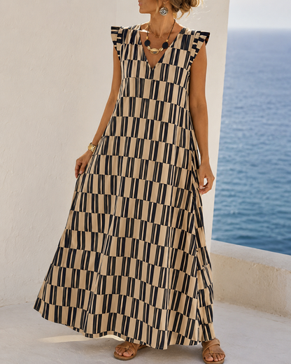 SHEIN Geometric Stripe Sleeveless Tiered Maxi Dress