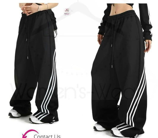 Women’s Oversized Wide Leg Track Pants – Casual Streetwear Side Stripe Joggers