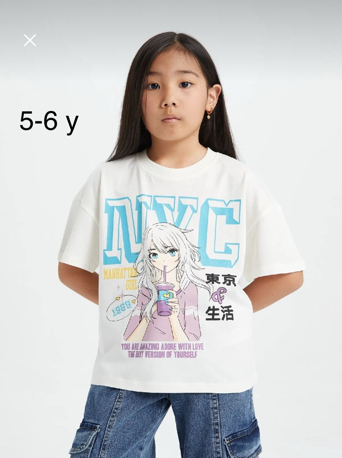 Defacto Girls White NYC Anime Print T-Shirt 5-6Y