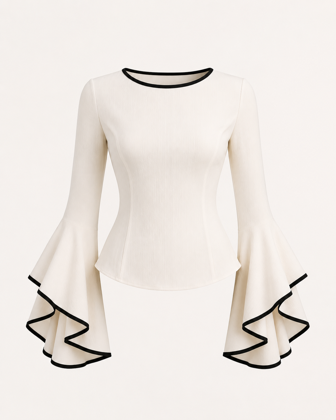 SHEIN Fast Delivery White Flare Sleeve Top – Elegant Black Trim Blouse