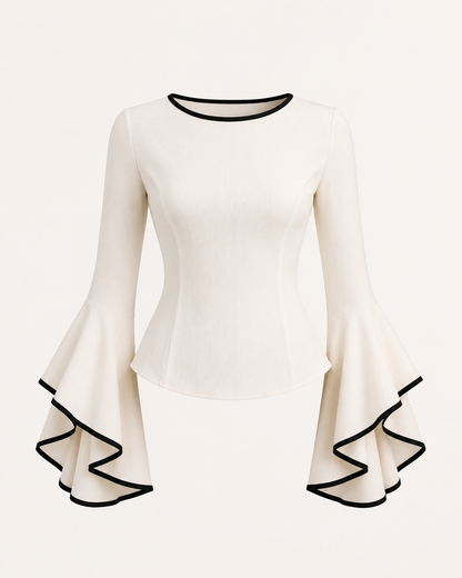 SHEIN Fast Delivery White Flare Sleeve Top – Elegant Black Trim Blouse