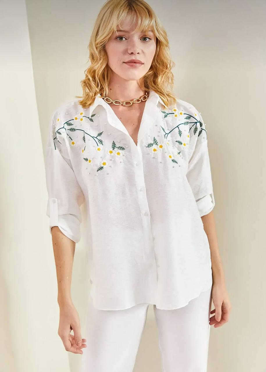 Women Embroidered Floral Shirt – Long Sleeve Casual Cotton Blouse – White Elegant Top