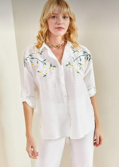 Women Embroidered Floral Shirt – Long Sleeve Casual Cotton Blouse – White Elegant Top