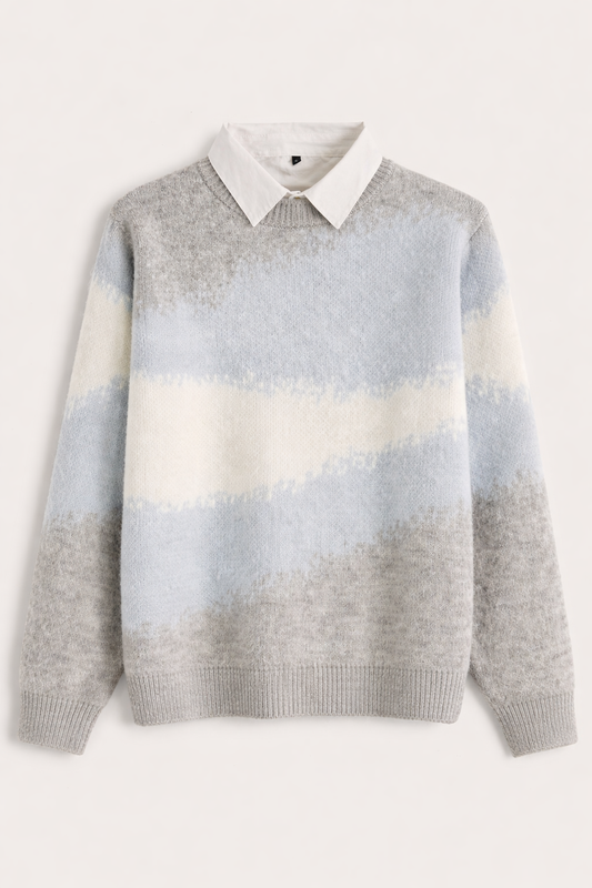 Grey and Light Blue Color Block Knit Sweater for Women – Soft Casual Winter Pullover Shein Style