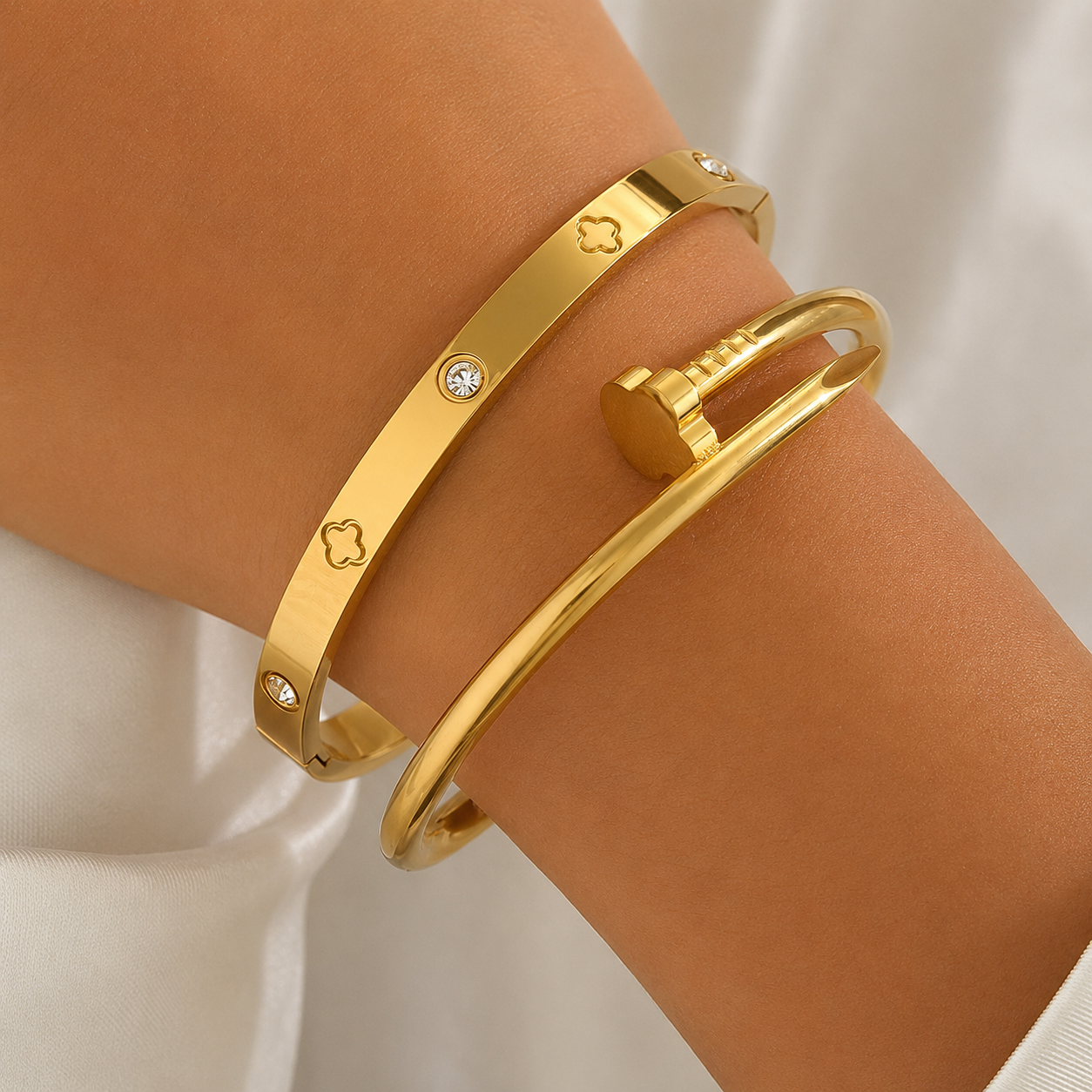 SHEIN Women’s Gold Bracelet Set – 2 Piece Clover & Nail Bangle Set, SHEIN Fast Delivery in 5 Days