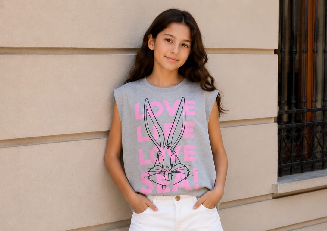 Girls Grey Bunny Graphic Sleeveless Top – Casual Summer Tank T-Shirt, Fast Delivery in 5 Days