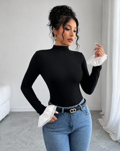 Black Mock Neck Top with White Ruffle Cuffs – SHEIN Fast Delivery in 5 Days