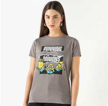 Women’s Splash Minions Graphic T-Shirt – Grey Cotton Short Sleeve Casual Top
