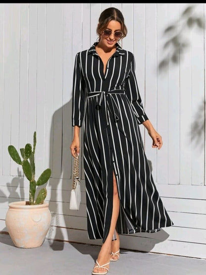Women Striped Shirt Maxi Dress – Button Front Long Sleeve Casual Elegant Dress