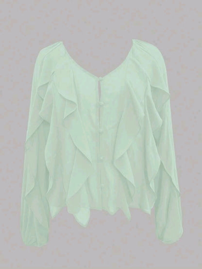 Mint Green Ruffle Front Chiffon Blouse