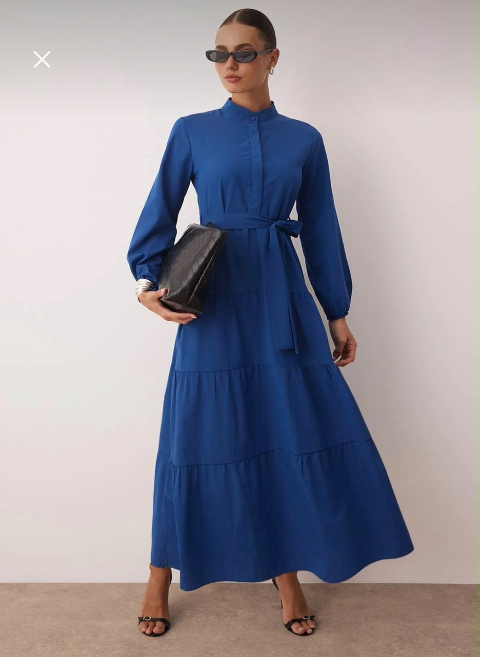 Trendyol Women’s Blue Maxi Dress – Long Sleeve Tiered Dress with Waist Tie
