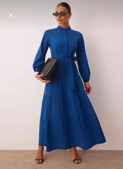 Trendyol Women’s Blue Maxi Dress – Long Sleeve Tiered Dress with Waist Tie