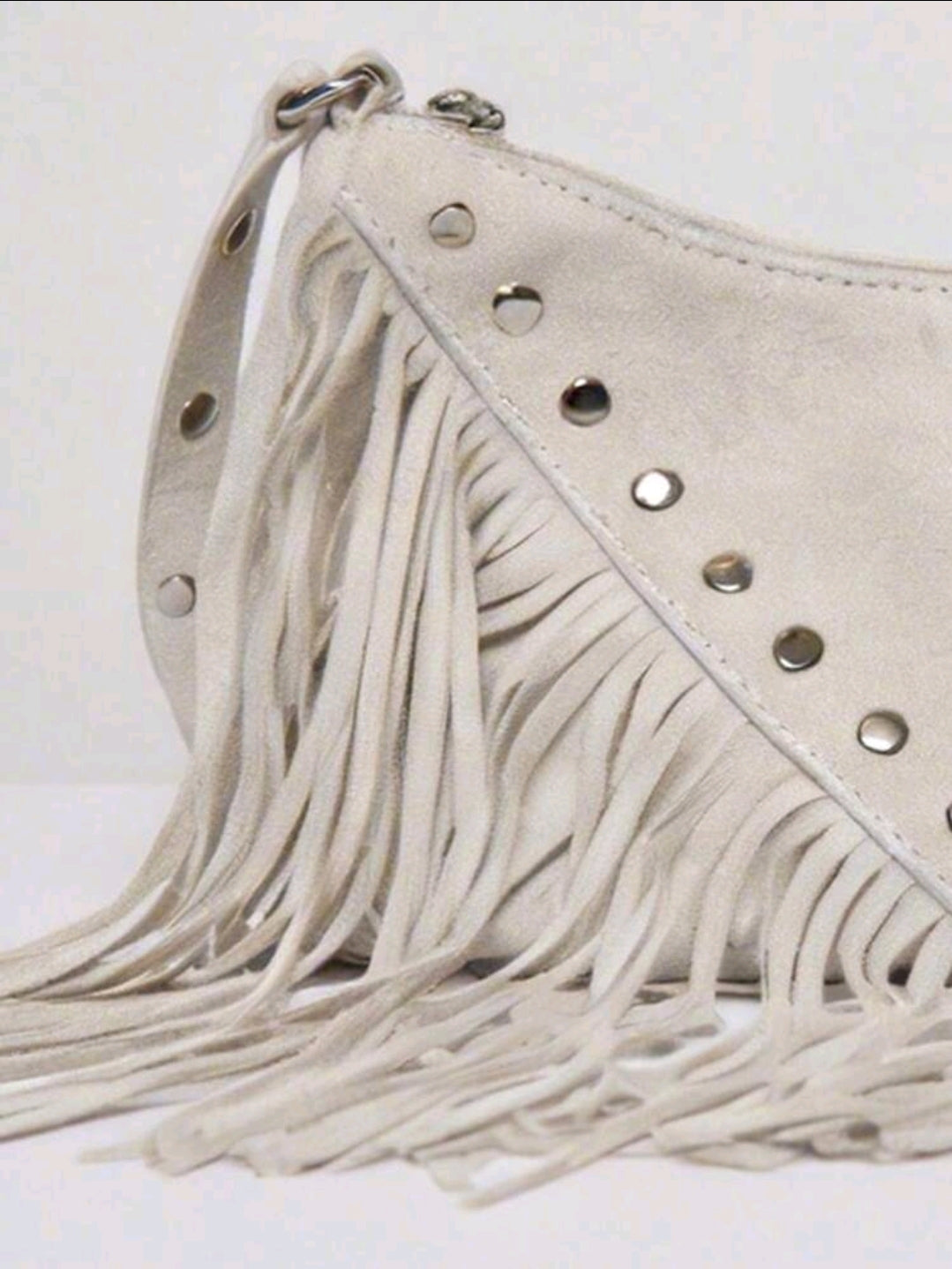 Women’s White Fringe Shoulder Bag – Studded Faux Leather Western Crossbody Bag