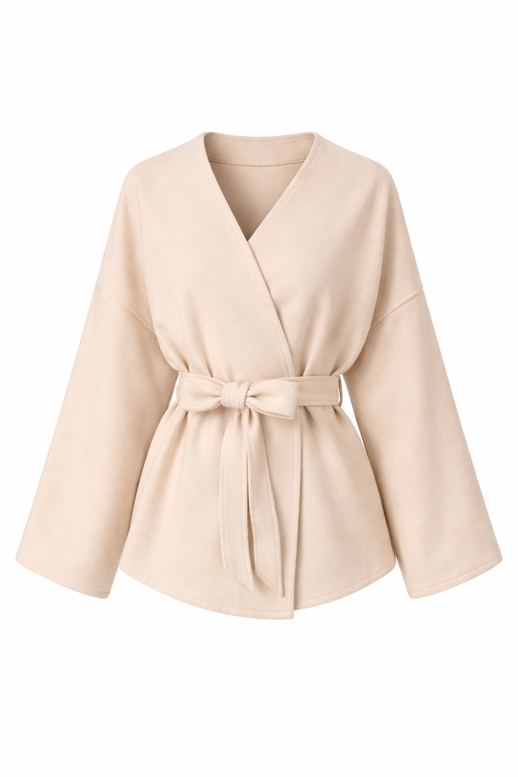 Women’s Apricot Wrap Front Wool-Feel Jacket – Belted Kimono Coat – Minimalist Loose Fit Outerwear – Elegant Casual Layer
