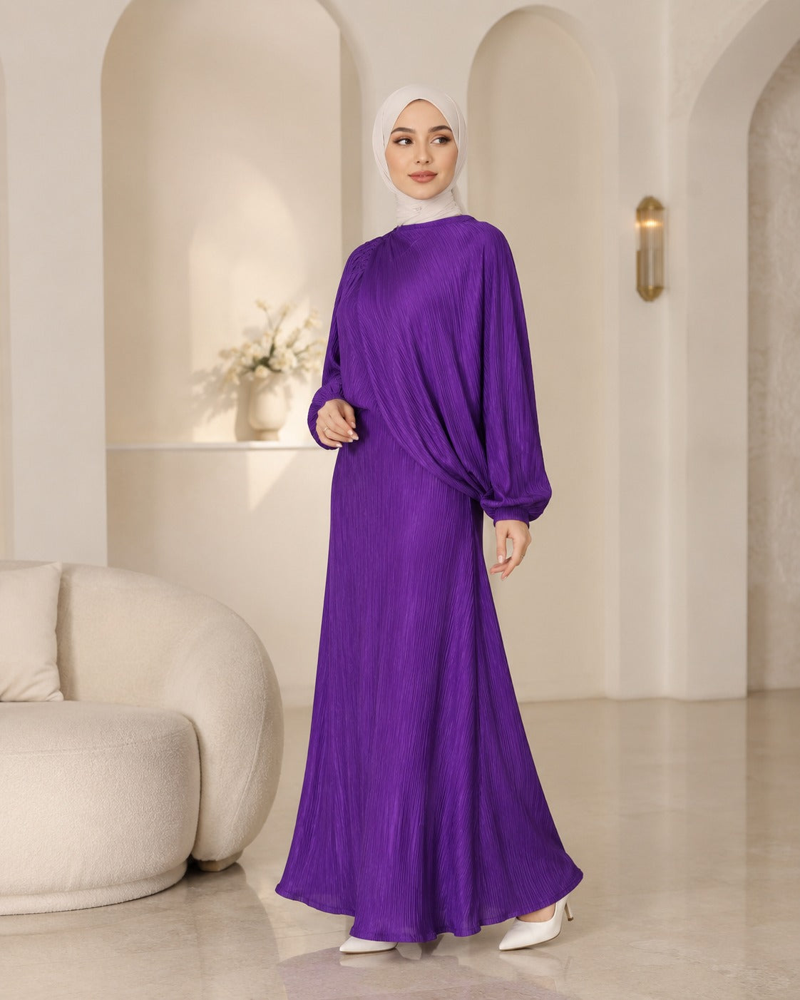Women’s Purple Pleated Modest Dress – Long Sleeve Loose Fit Maxi Dress