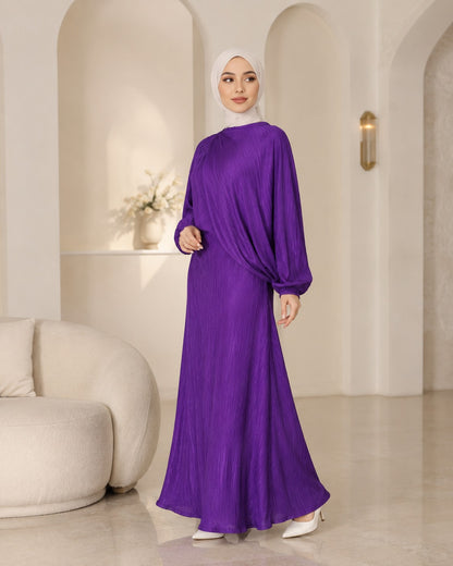 Women’s Purple Pleated Modest Dress – Long Sleeve Loose Fit Maxi Dress