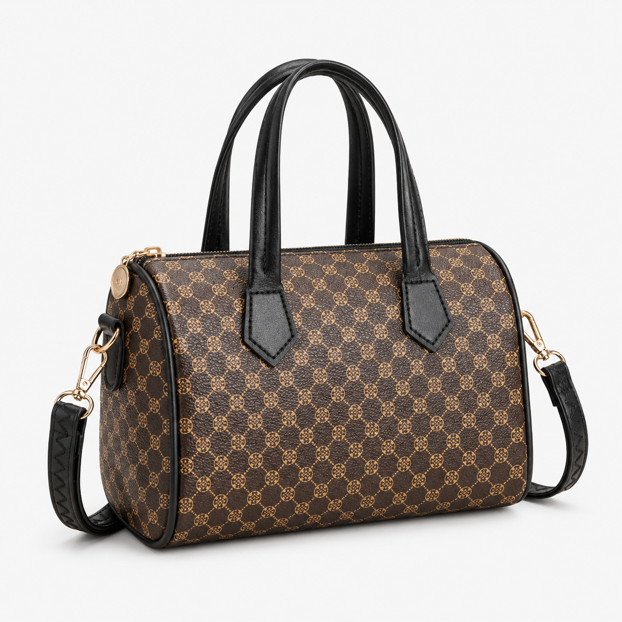 SHEIN Women’s Brown Monogram Boston Bag – Mini Handbag With Shoulder Strap, SHEIN Fast Delivery in 5 Days