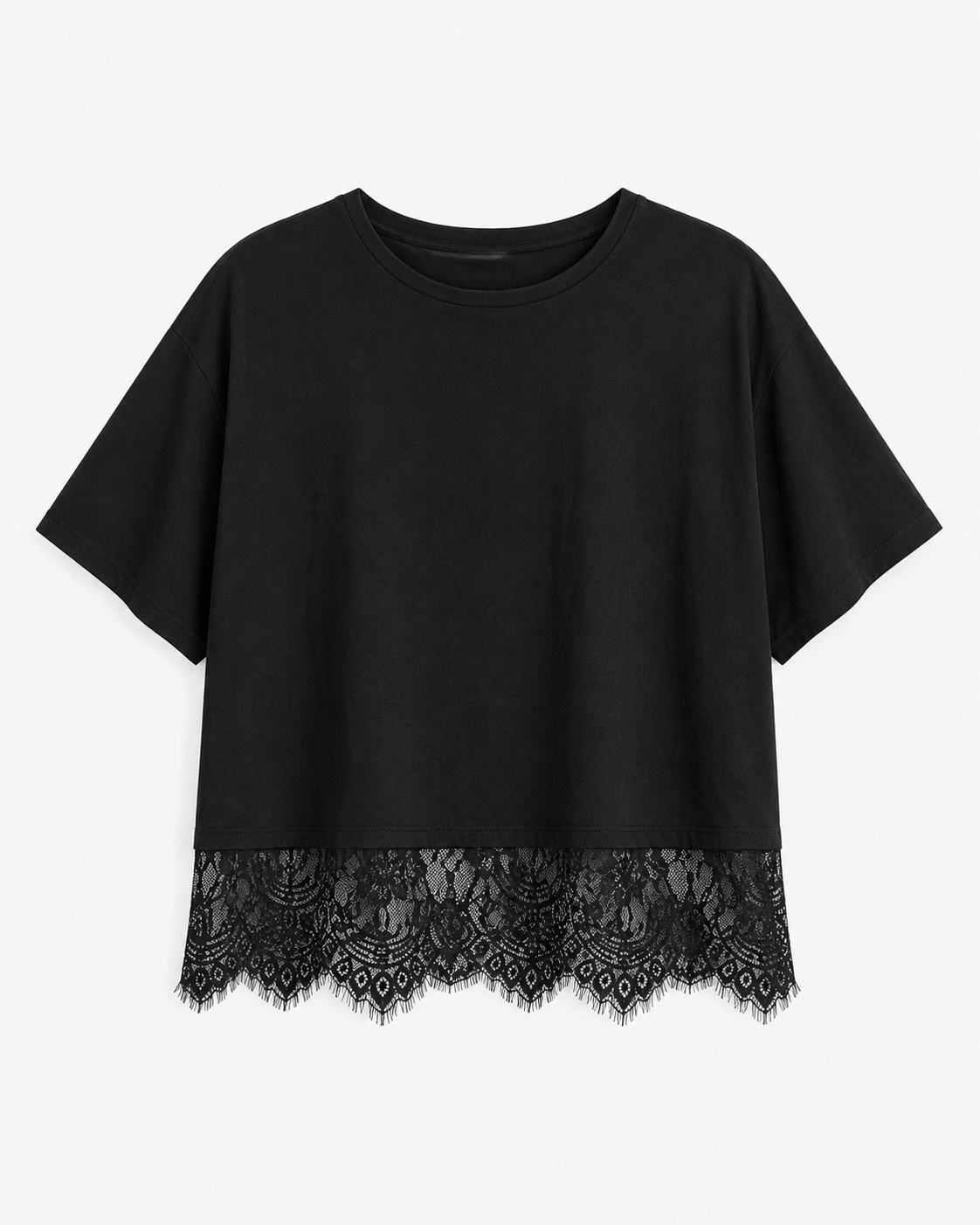 SHEIN Fast Delivery Black Lace Hem Cotton T-Shirt – Casual Soft Blouse